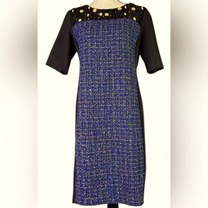 NEW ELLEN TRACY TWEED DRESS BEJEWELED. SIZE: 10 BLUE-BLACK NWOT